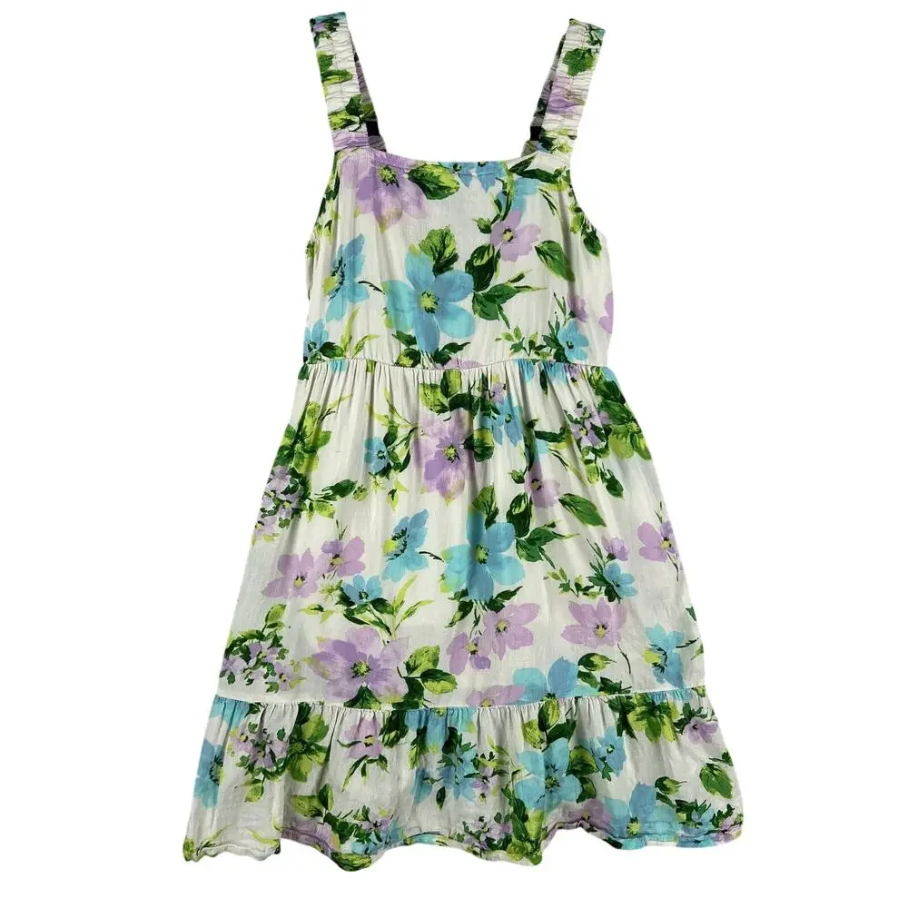 Old Navy Girls Tiered Cami Dress SZ L 10-12 Crème Floral Sundress Cotton Lined